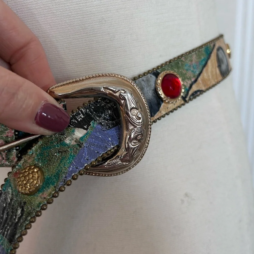 Elite Fresno California Belt Vintage Multicolor Gemstone Gold Beaded Edge Large